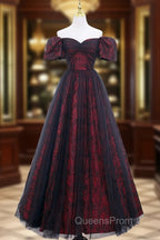 A-Line Tulle Lace Burgundy Long Evening Prom Dress, Burgundy Long Evening Dress