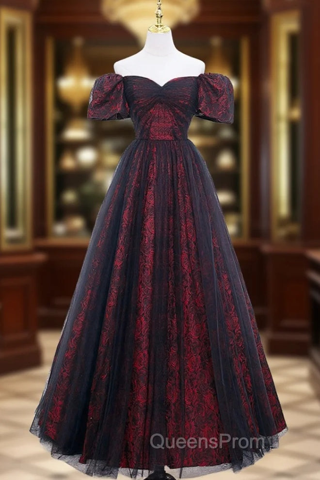A-Line Tulle Lace Burgundy Long Evening Prom Dress, Burgundy Long Evening Dress