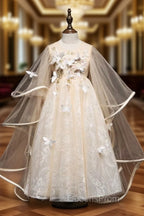 A-Line Tulle Lace Butterfly Champagne Flower Girl Dress