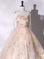 A-Line Tulle Lace Champagne Long Evening Prom Dress, Champagne Evening Sweet 16 Dress