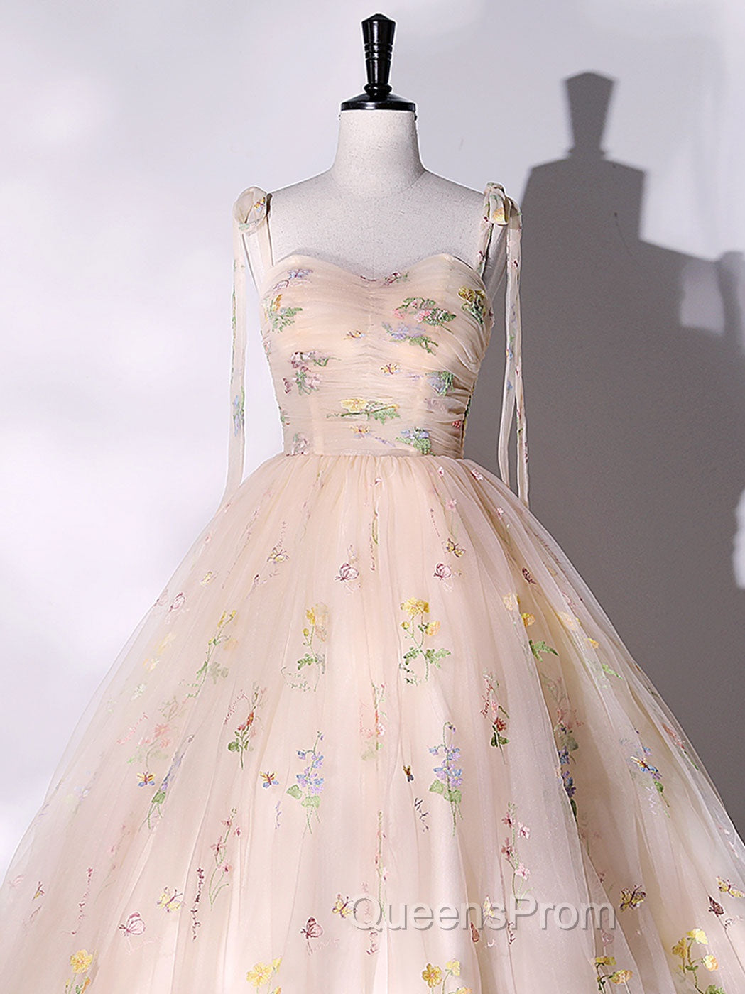 A-Line Tulle Lace Champagne Long Evening Prom Dress, Champagne Evening Sweet 16 Dress