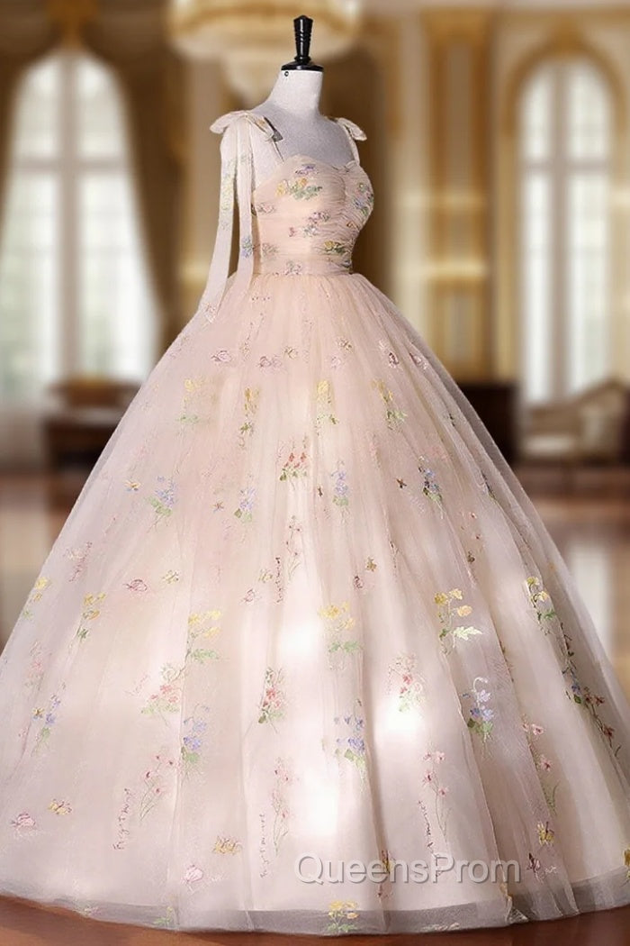 A-Line Tulle Lace Champagne Long Evening Prom Dress, Champagne Evening Sweet 16 Dress