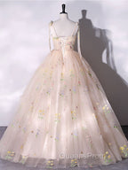 A-Line Tulle Lace Champagne Long Evening Prom Dress, Champagne Evening Sweet 16 Dress