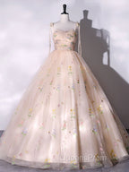A-Line Tulle Lace Champagne Long Evening Prom Dress, Champagne Evening Sweet 16 Dress