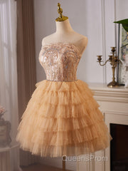 A-Line Tulle Lace Champagne Short Evening Prom Dress, Champagne Homecoming Dress