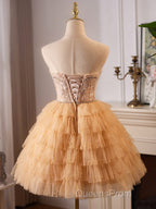 A-Line Tulle Lace Champagne Short Evening Prom Dress, Champagne Homecoming Dress