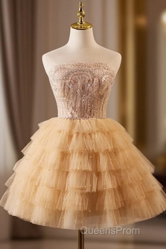 A-Line Tulle Lace Champagne Short Evening Prom Dress, Champagne Homecoming Dress Main image