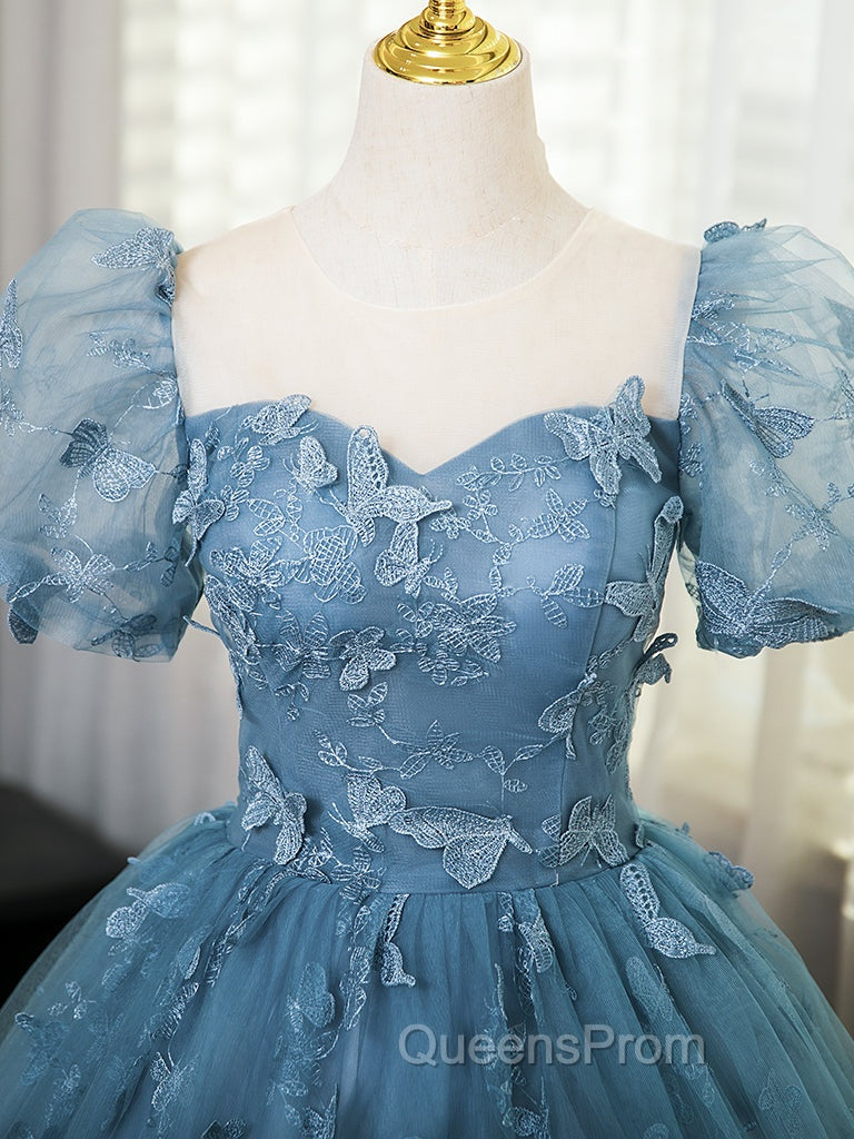 A-Line Tulle Lace Gray Blue Long Evening Prom Dress, Gray Blue Long Sweet 16 Dress Secondary image