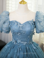 A-Line Tulle Lace Gray Blue Long Evening Prom Dress, Gray Blue Long Sweet 16 Dress