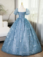 A-Line Tulle Lace Gray Blue Long Evening Prom Dress, Gray Blue Long Sweet 16 Dress