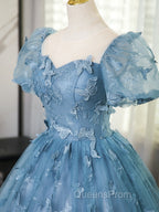 A-Line Tulle Lace Gray Blue Long Evening Prom Dress, Gray Blue Long Sweet 16 Dress