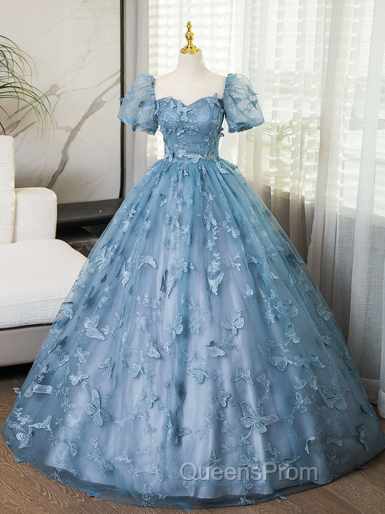 A-Line Tulle Lace Gray Blue Long Evening Prom Dress, Gray Blue Long Sweet 16 Dress