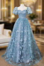 A-Line Tulle Lace Gray Blue Long Evening Prom Dress, Gray Blue Long Sweet 16 Dress