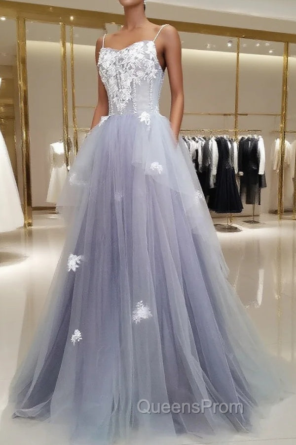 A line Tulle Lace Long Evening Dress, Lace Tulle Evening Prom Dress