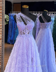A-Line Tulle Lace Purple Long Evening Prom Dress, Purple Long Evening Dress
