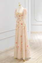 A-Line Tulle Lace Sequin Champagne Long Evening Prom Dress, Champagne Long Formal Dress