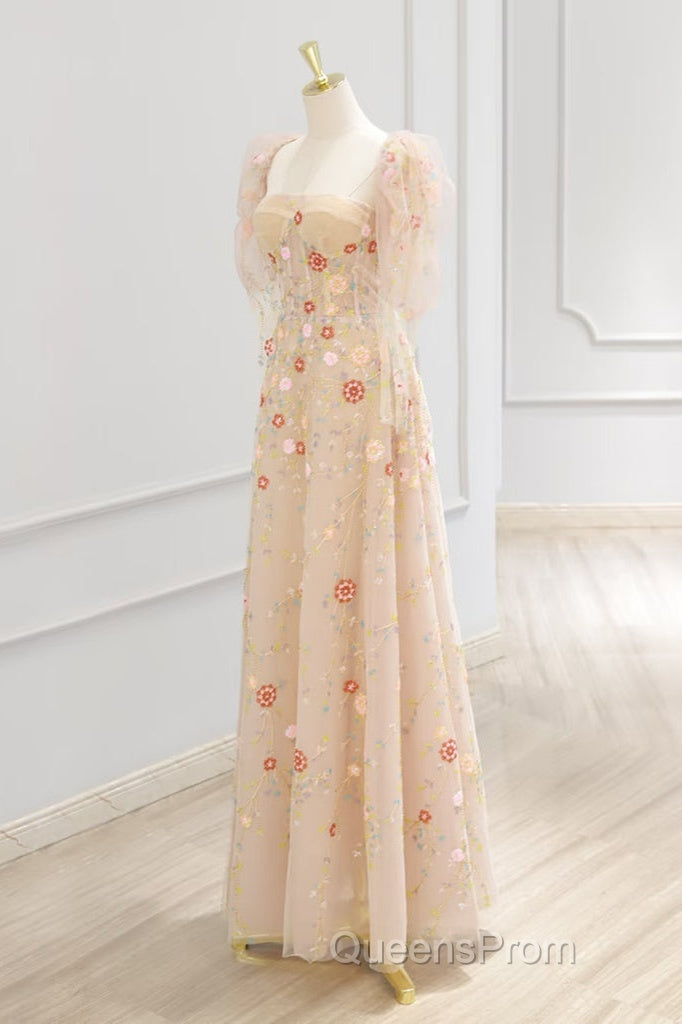 A-Line Tulle Lace Sequin Champagne Long Evening Prom Dress, Champagne Long Formal Dress