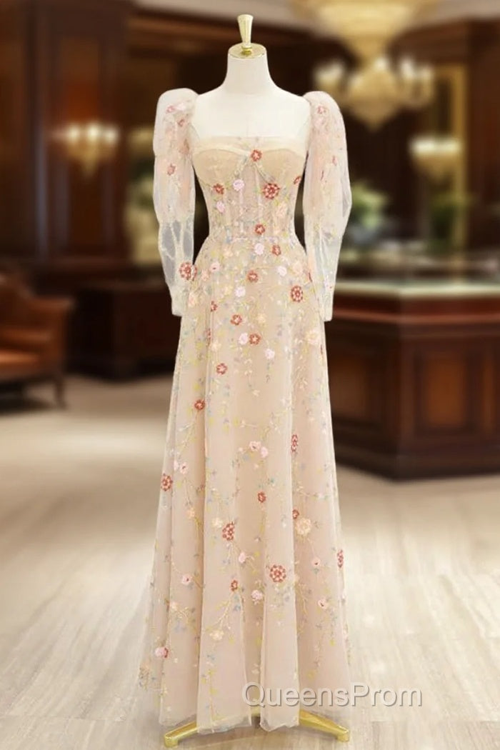 A-Line Tulle Lace Sequin Champagne Long Evening Prom Dress, Champagne Long Formal Dress