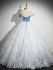 A-Line Tulle Lace White/Blue Long Evening Prom Dress, White/Blue Long Evening Dress