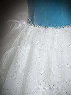 A-Line Tulle Lace White/Blue Long Evening Prom Dress, White/Blue Long Evening Dress
