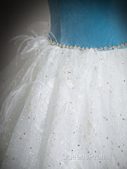 A-Line Tulle Lace White/Blue Long Evening Prom Dress, White/Blue Long Evening Dress