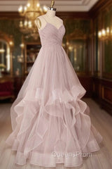 A-Line Tulle Layers Long Evening Dress, Cute V-Neck Evening Party Dress