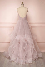 A-Line Tulle Layers Long Evening Dress, Cute V-Neck Evening Party Dress