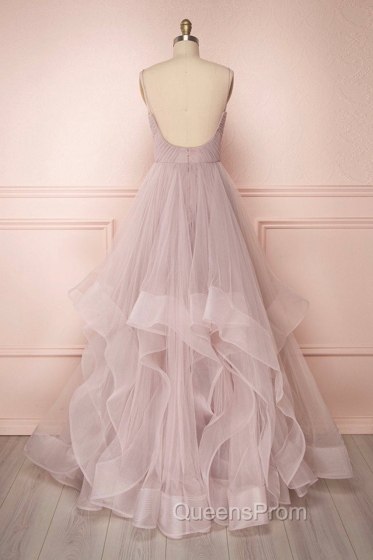 A-Line Tulle Layers Long Evening Dress, Cute V-Neck Evening Party Dress
