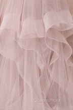 A-Line Tulle Layers Long Evening Dress, Cute V-Neck Evening Party Dress