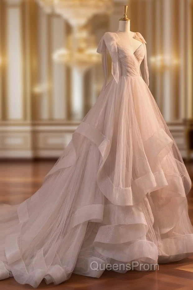 A-Line Tulle Layers Long Evening Dress, Spaghetti Straps Party Dress with Bow Main image