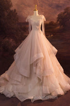 A-Line Tulle Layers Long Evening Dress, Spaghetti Straps Party Dress with Bow