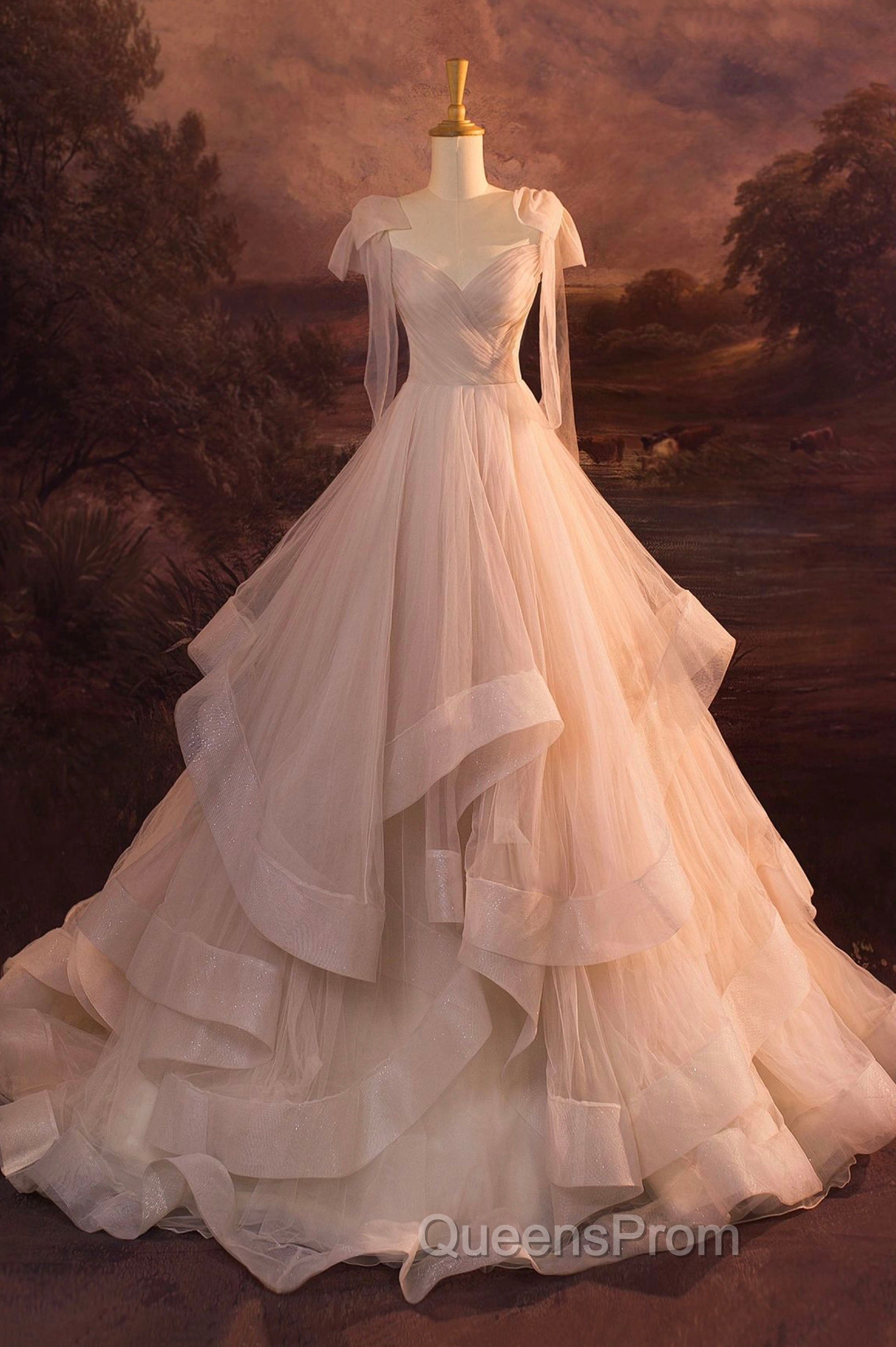 A-Line Tulle Layers Long Evening Dress, Spaghetti Straps Party Dress with Bow