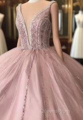 A-Line Tulle Long Formal Dress Pink Evening Prom Dress,