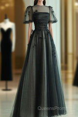 A Line Tulle Long Evening Prom Dress Black Formal Evening Dress