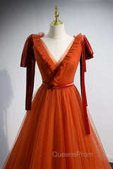 A-Line Tulle Long Evening Prom Dress, Orange V-Neck Long Simple Evening Dress