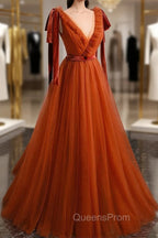 A-Line Tulle Long Evening Prom Dress, Orange V-Neck Long Simple Evening Dress