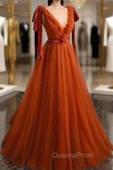 A-Line Tulle Long Evening Prom Dress, Orange V-Neck Long Simple Evening Dress