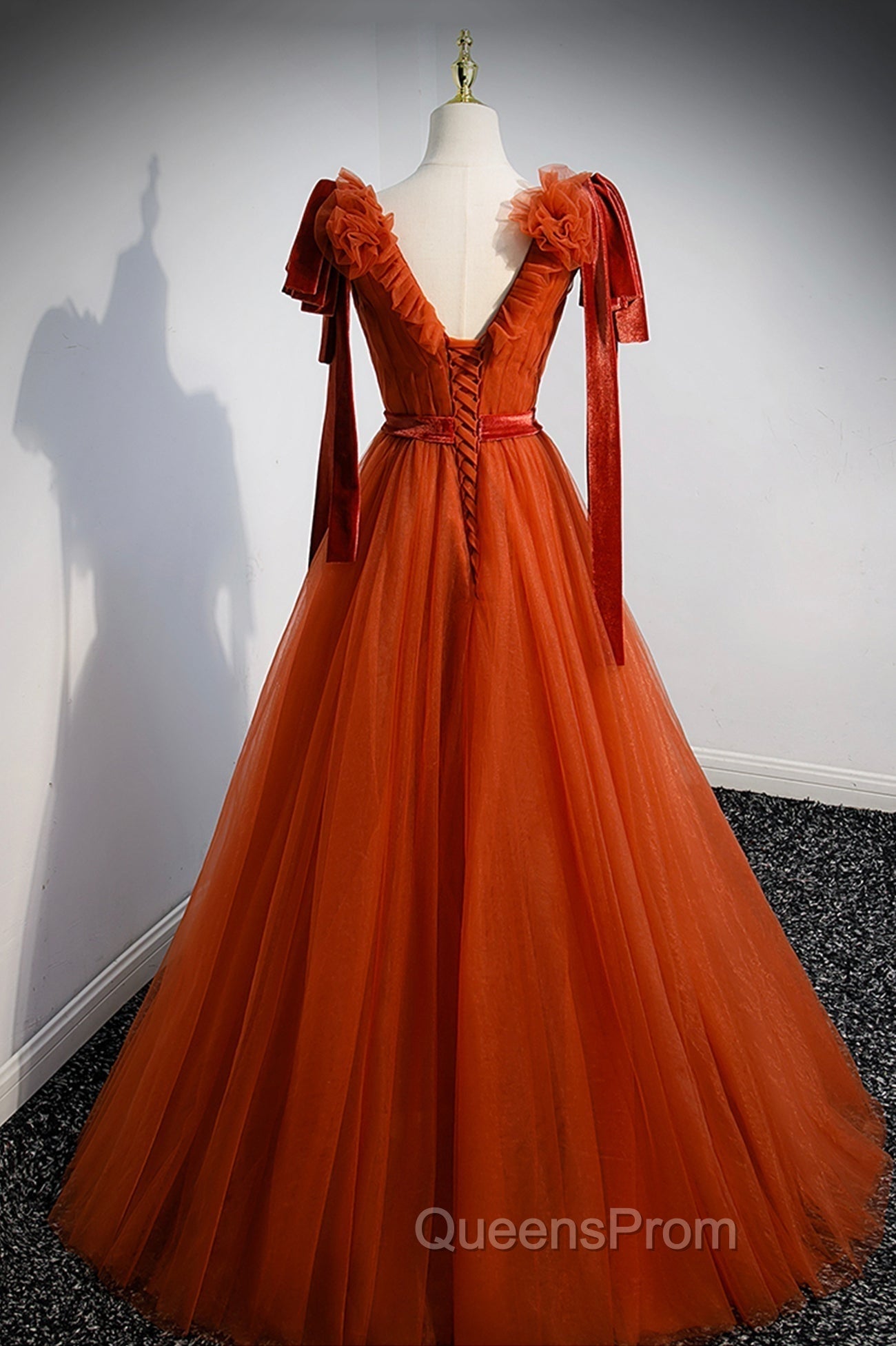 A-Line Tulle Long Evening Prom Dress, Orange V-Neck Long Simple Evening Dress