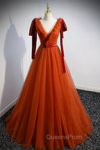 A-Line Tulle Long Evening Prom Dress, Orange V-Neck Long Simple Evening Dress