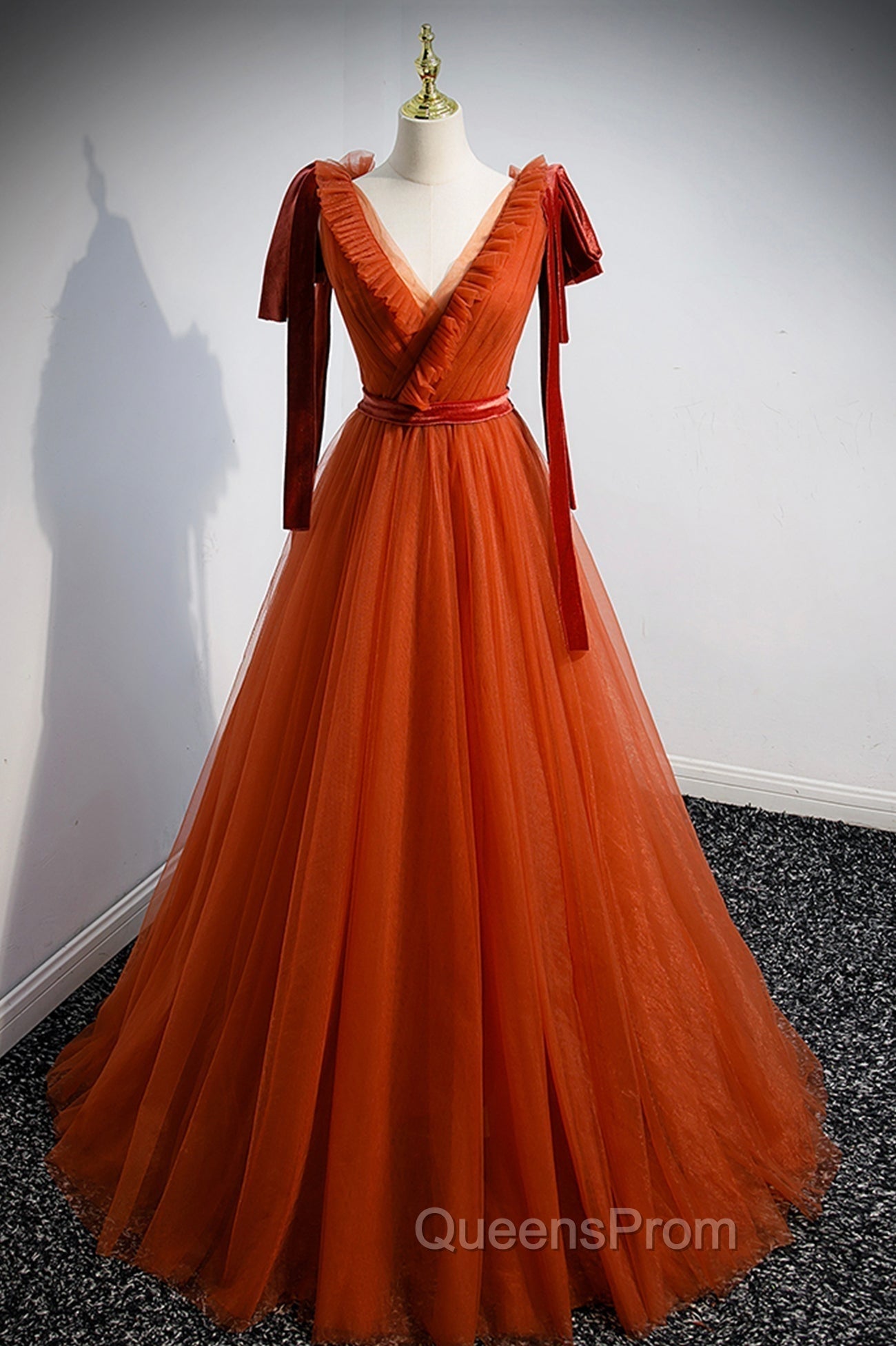 A-Line Tulle Long Evening Prom Dress, Orange V-Neck Long Simple Evening Dress