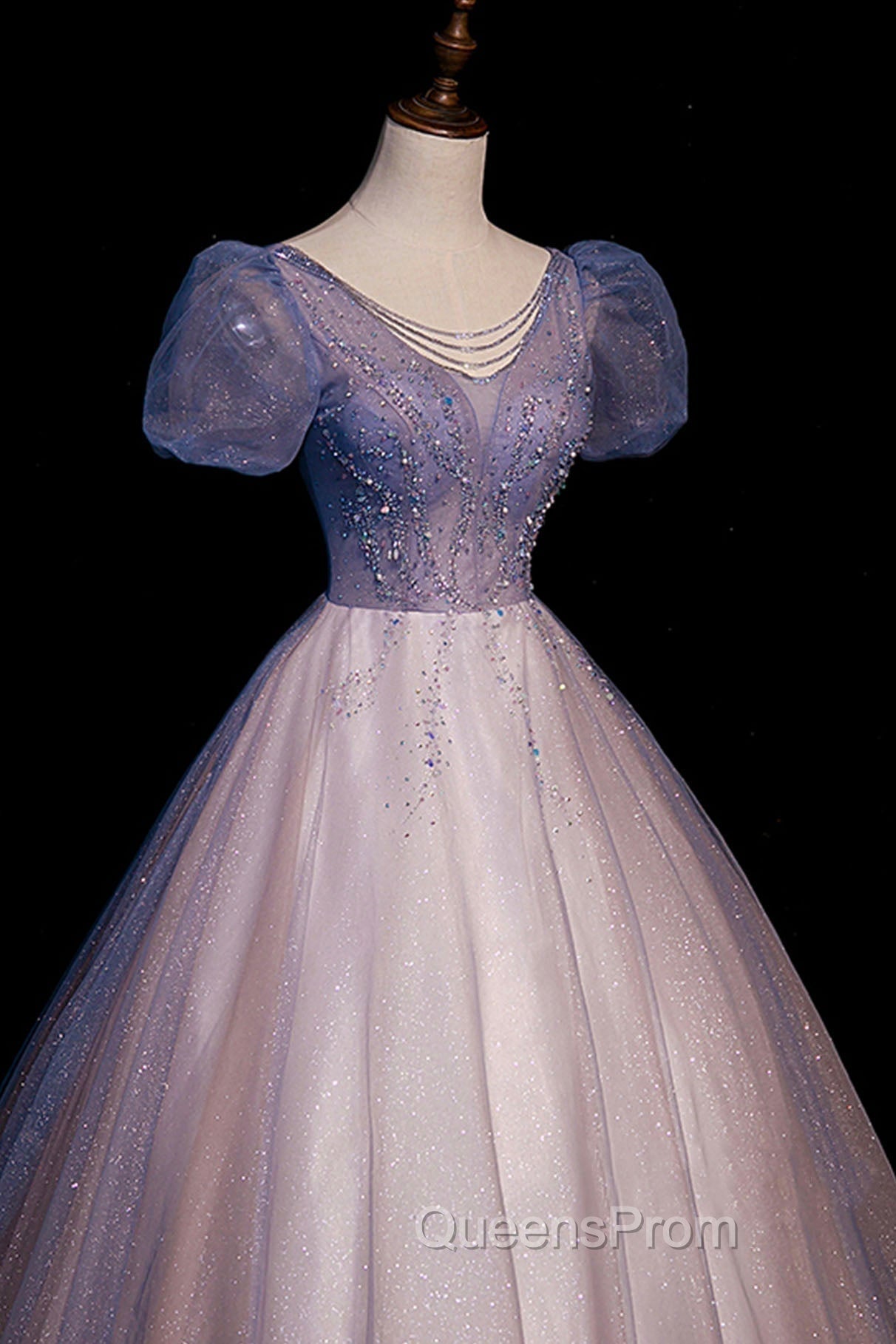 A-Line Tulle Long Evening Prom Dress with Beaded, Blue Short Sleeve Evening Dress