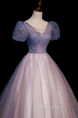 A-Line Tulle Long Evening Prom Dress with Beaded, Blue Short Sleeve Evening Dress