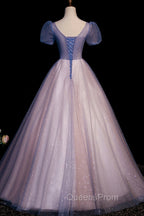 A-Line Tulle Long Evening Prom Dress with Beaded, Blue Short Sleeve Evening Dress