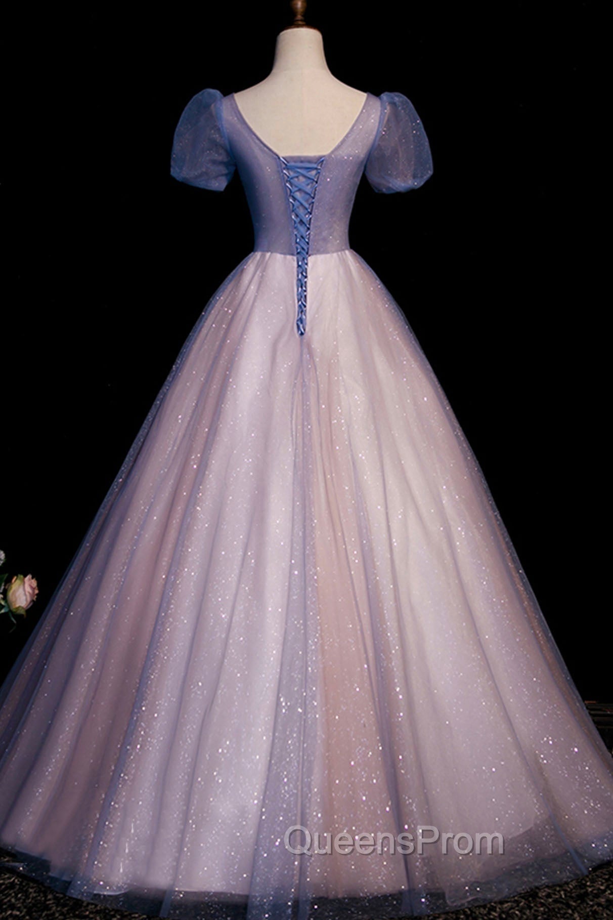 A-Line Tulle Long Evening Prom Dress with Beaded, Blue Short Sleeve Evening Dress