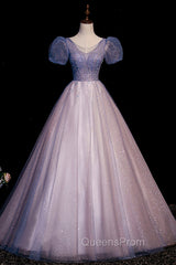 A-Line Tulle Long Evening Prom Dress with Beaded, Blue Short Sleeve Evening Dress