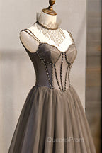 A-Line Tulle Long Evening Prom Dress with Beading, Cute Evening Party Dress