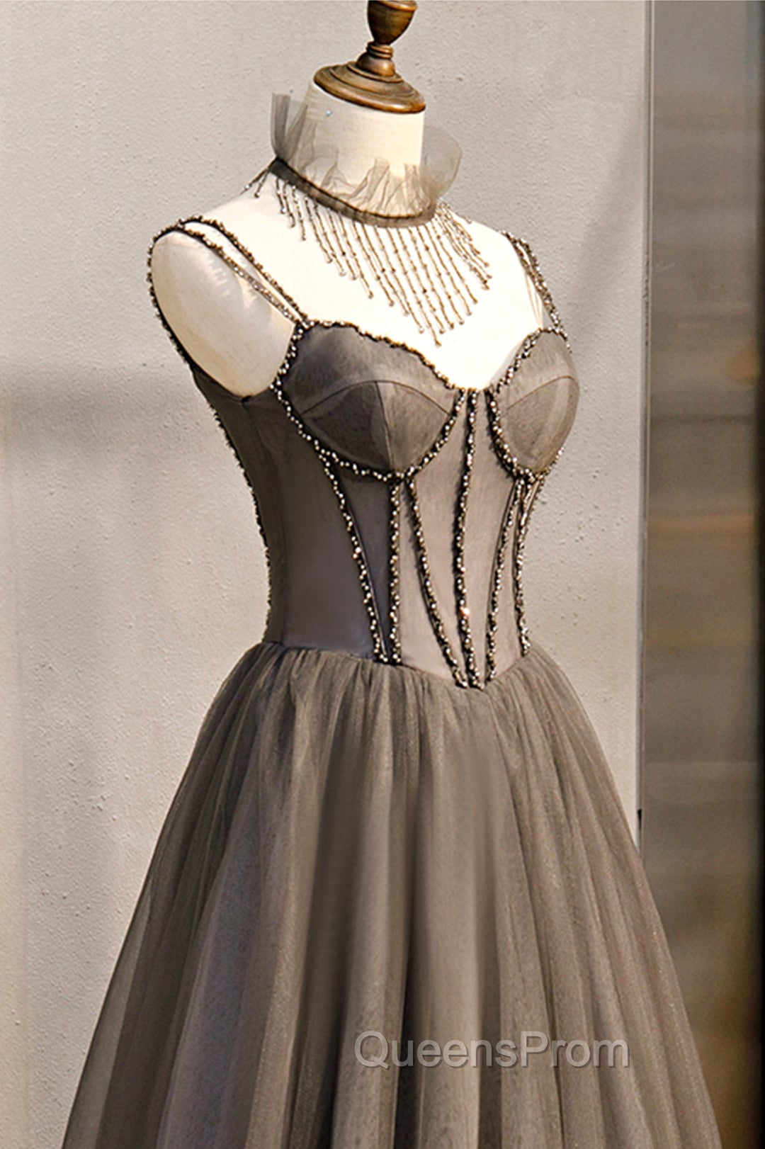 A-Line Tulle Long Evening Prom Dress with Beading, Cute Evening Party Dress