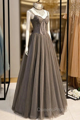 A-Line Tulle Long Evening Prom Dress with Beading, Cute Evening Party Dress