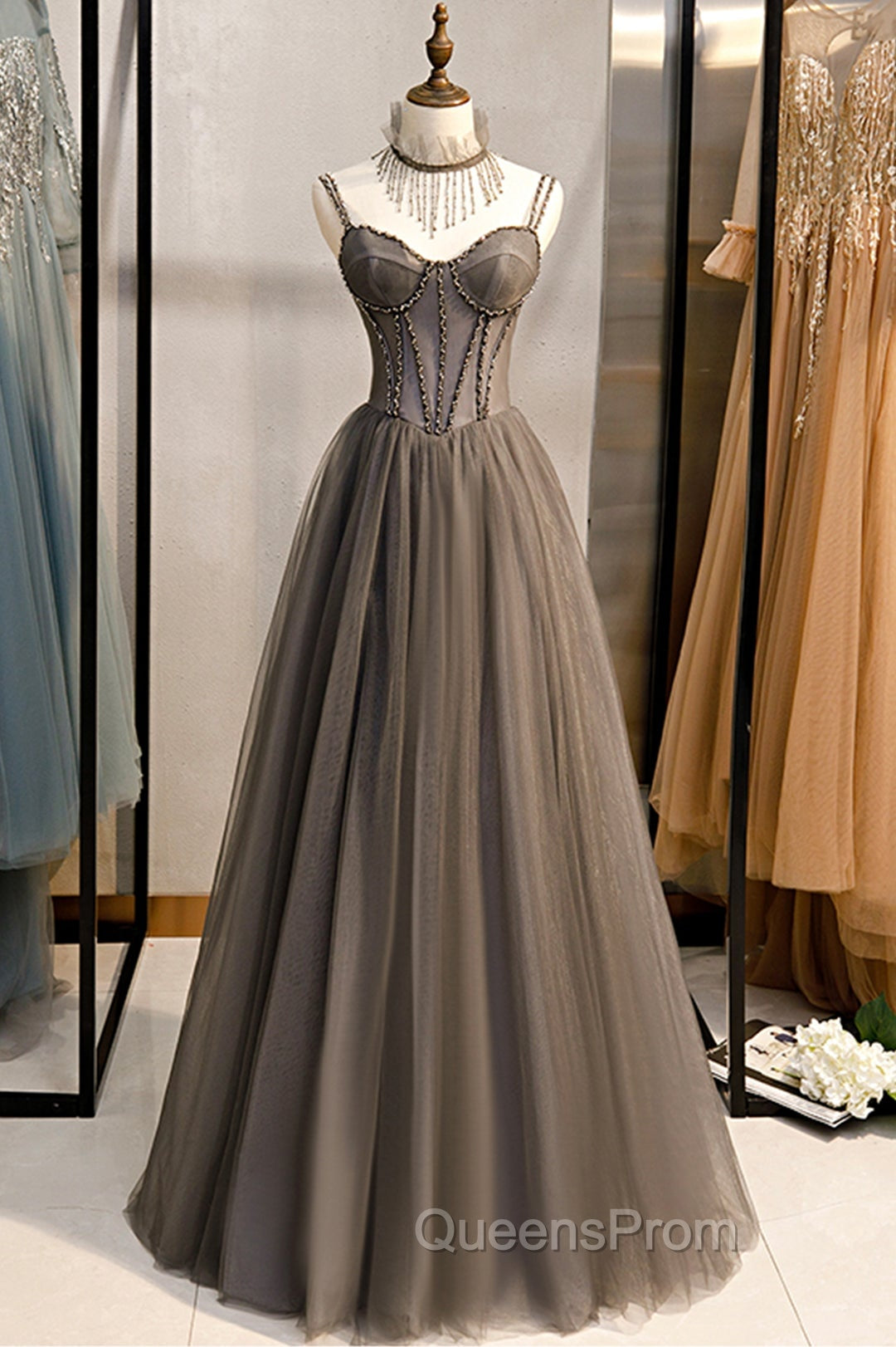 A-Line Tulle Long Evening Prom Dress with Beading, Cute Evening Party Dress Main image