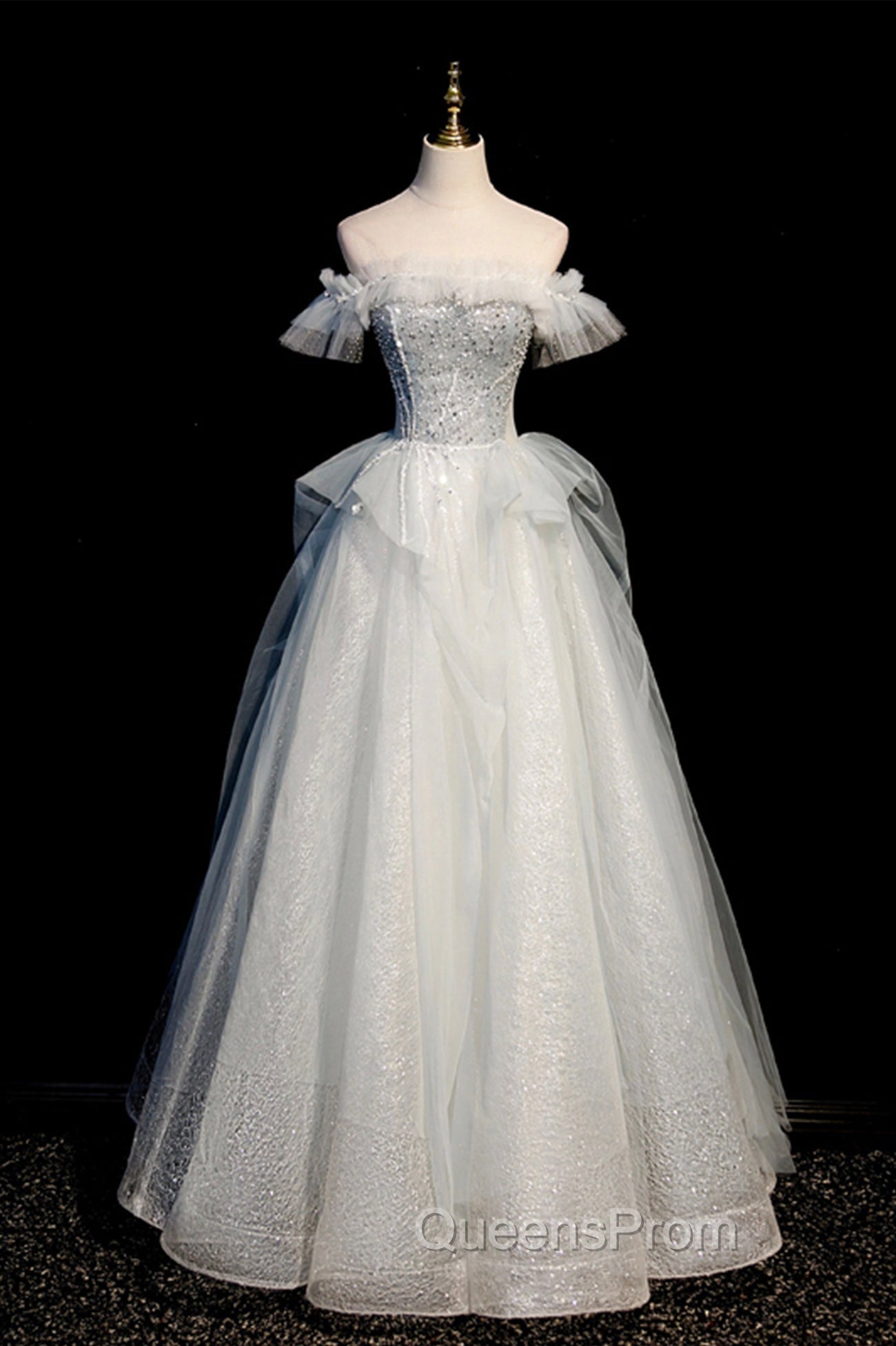 A-Line Tulle Long Evening Prom Dress with Beading